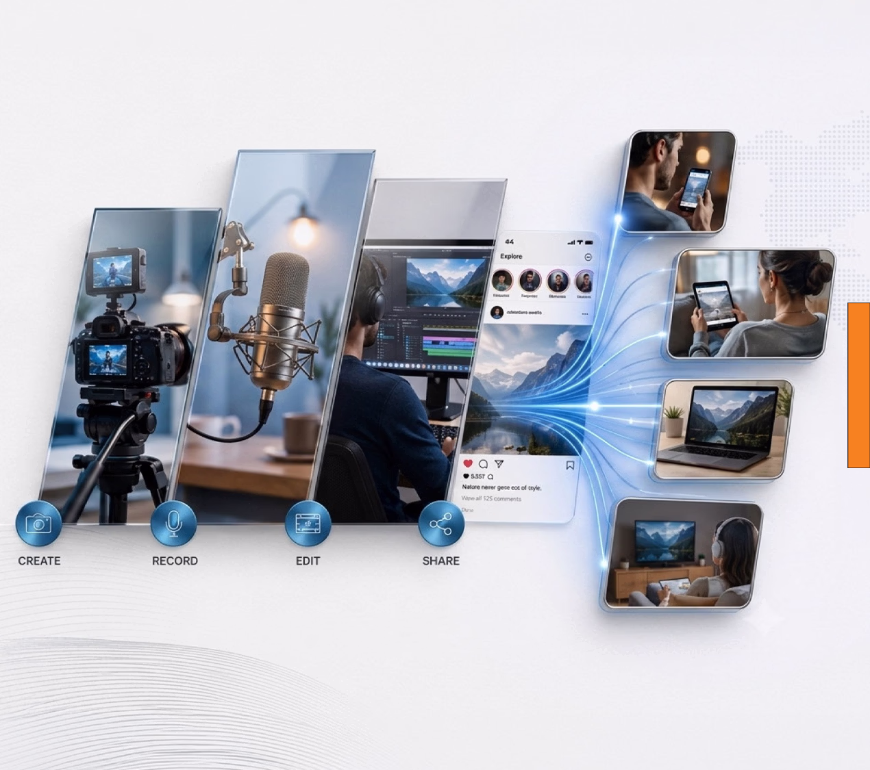 A content production line-up — camera, studio microphone, edit suite and social feed — flowing out to viewers on phones, tablets, laptops and TV.