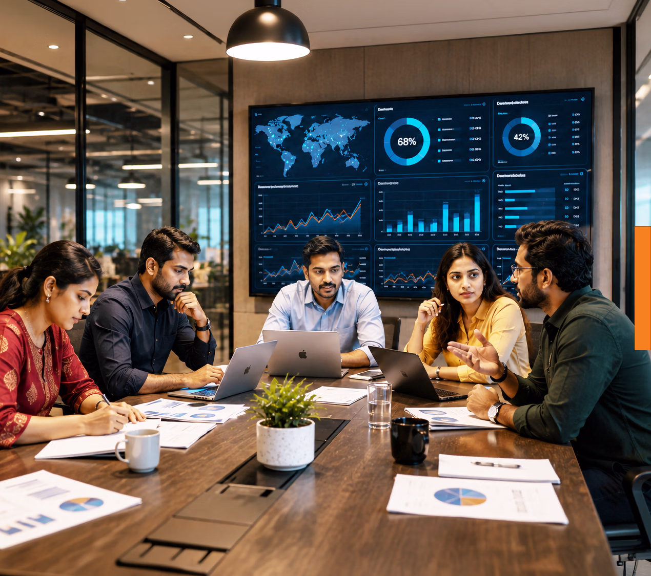 A media planning team in a boardroom reviewing market intelligence, audience insight and campaign performance dashboards.