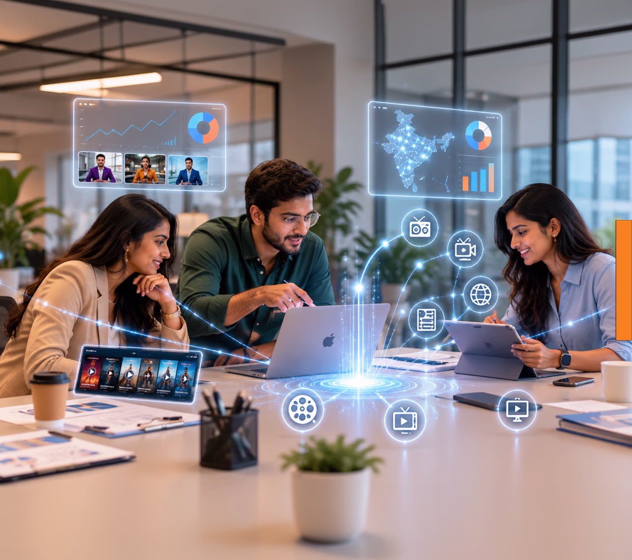 A team around a glowing hub that connects radio, digital, print, cinema, TV, outdoor and OTT channels.