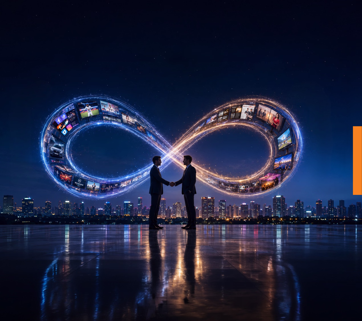 Two partners shaking hands beneath an infinity loop made of media screens above a city skyline.
